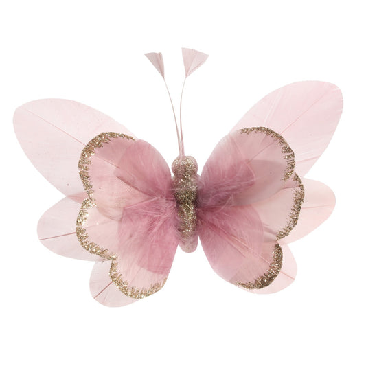 14cm Pink Feather &amp; Glitter Butterfly (Pack of 6)