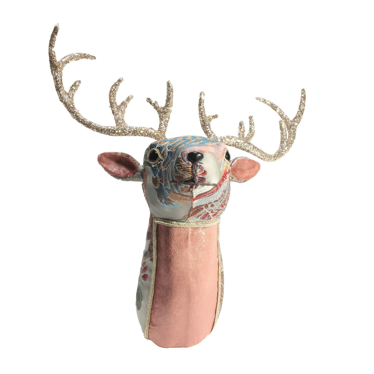 Sage Green &amp; Pink Embroidered Deer Head (17.5cm)