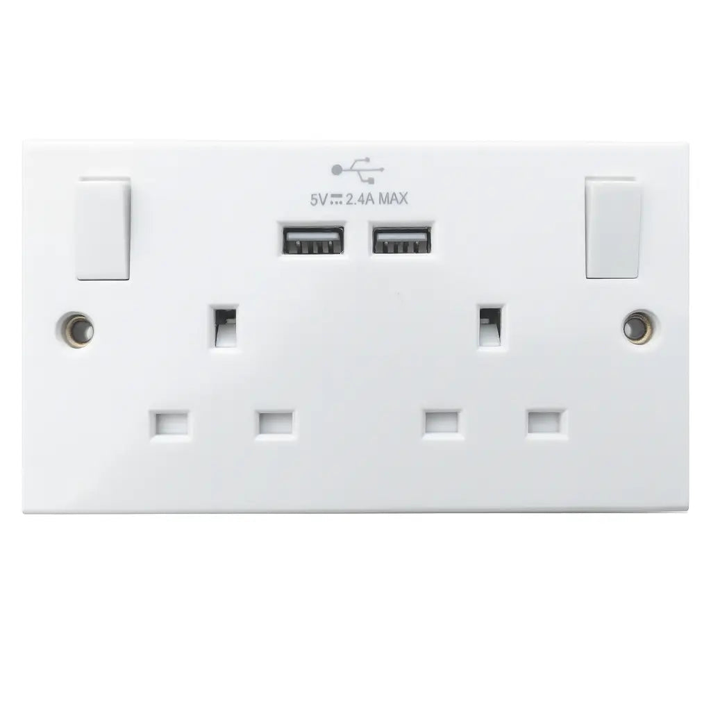 Double USB Wall Socket 13A Switched Plug Outlet 2 Gang Mains Power White