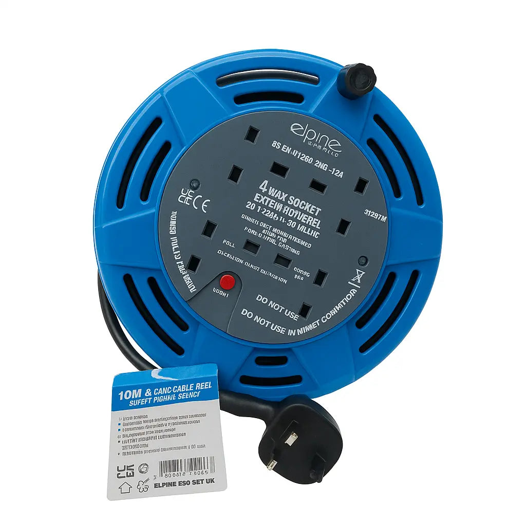 Heavy Duty Extension Lead Reel 4 Way Socket 10M Cable Mains Power Cord UK Plug