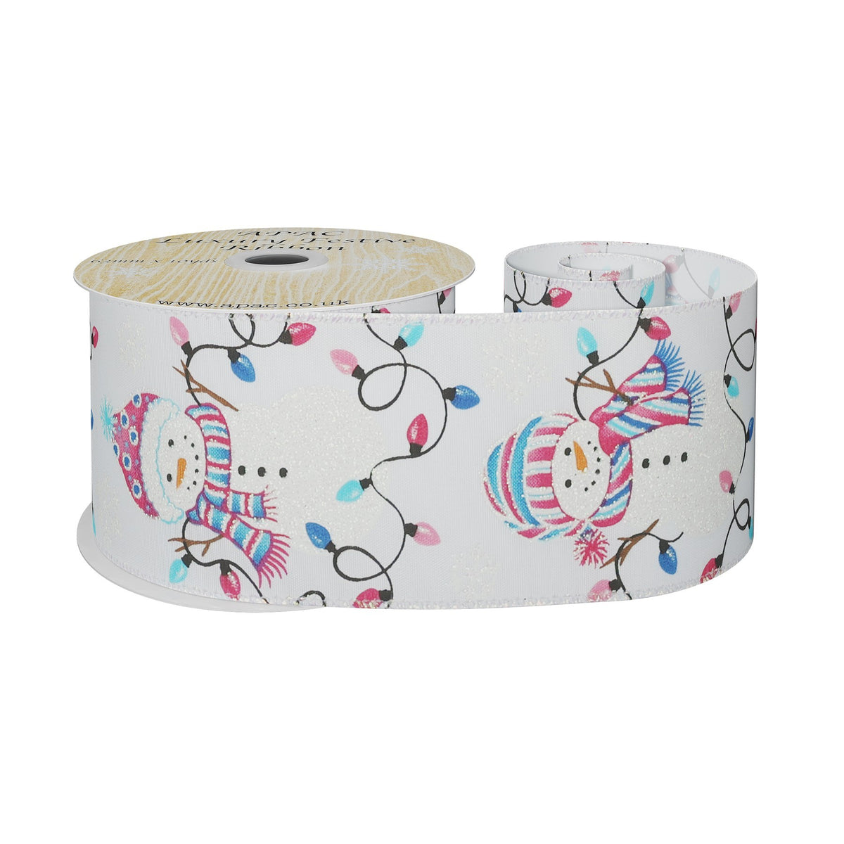 White Wired Ribbon with Snowman and Lights (63mm x 10 yards)
