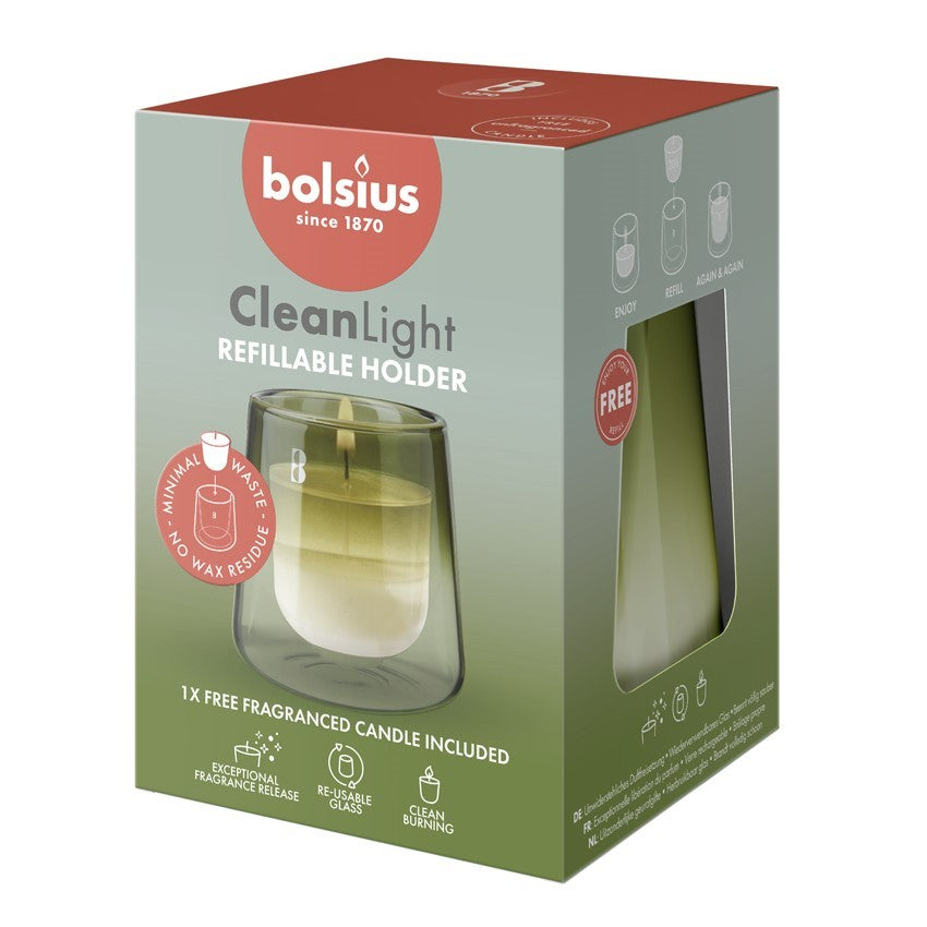 Green Glass Bolsius Clean Light Starter Kit - Gardenia &amp; Fig