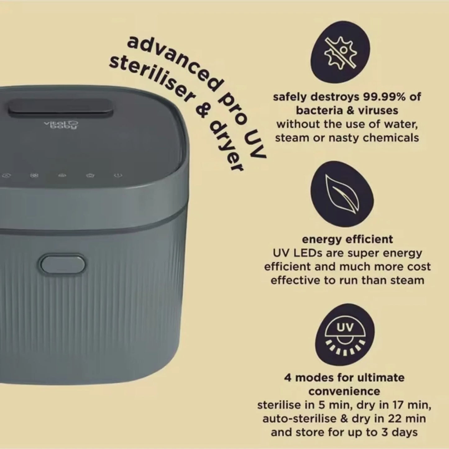 Vital Baby Advanced Pro UV Steriliser & Dryer (3rd Gen) - Olive Green