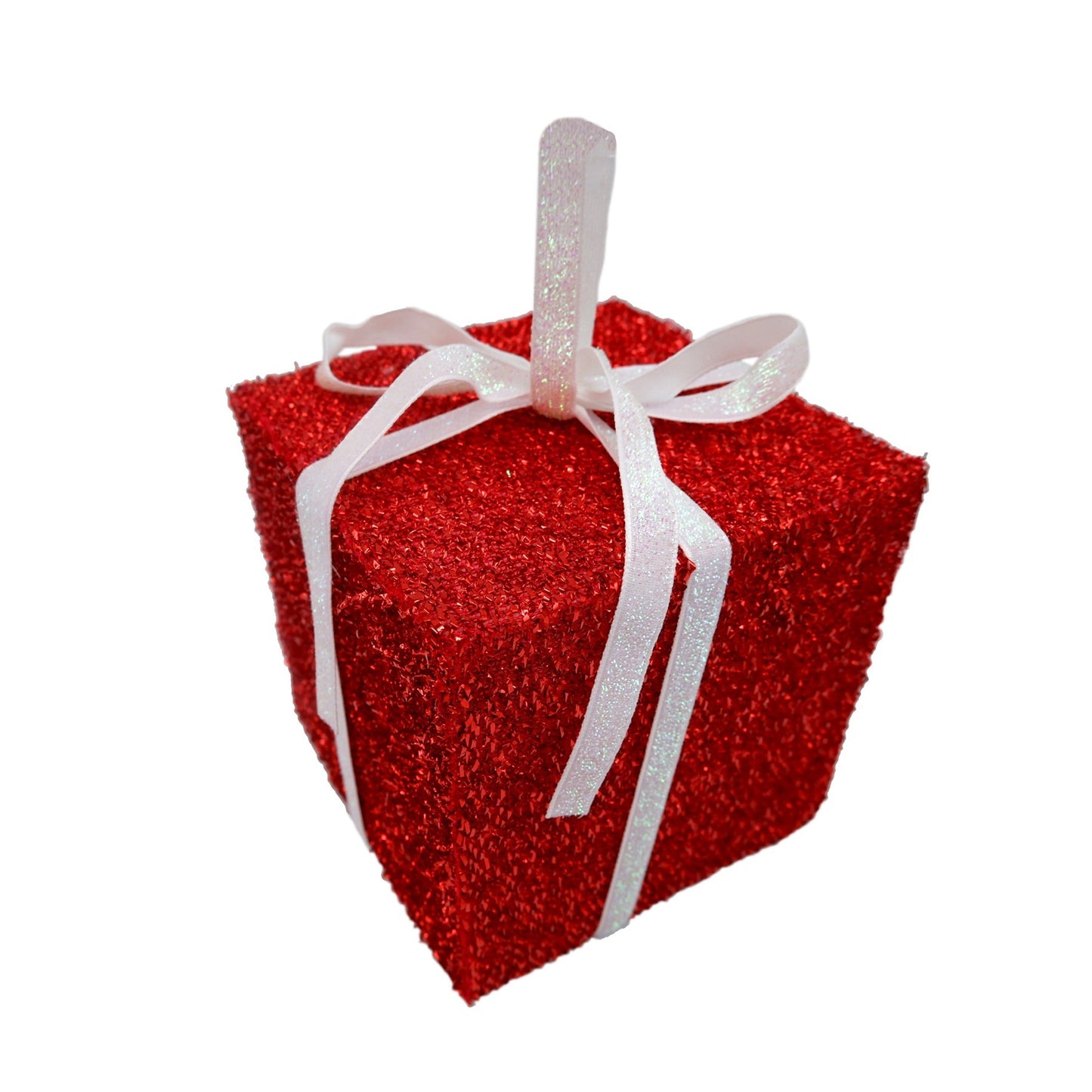 Red Sparkly Present with White Bow Hanging Decoration (15cm)