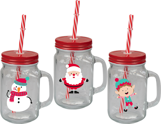 Christmas Mason Jar &amp; Straw (Assorted)