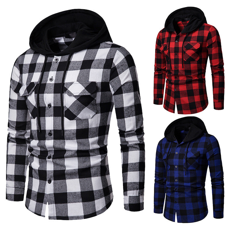 Men's Plaid Hooded Long Sleeve Shirt