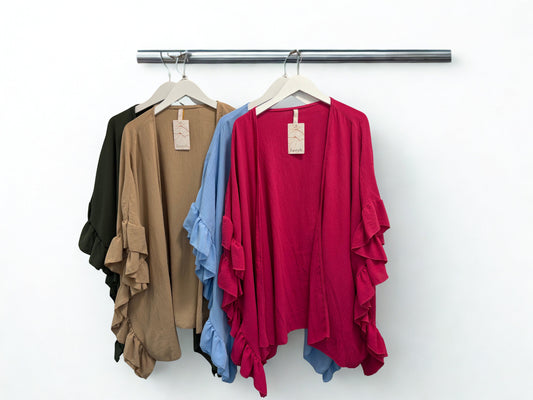 Women’s Ruffle Sleeve Kimono Cardigan | Lightweight Layering Jacket | One Size Fits 8–24/26