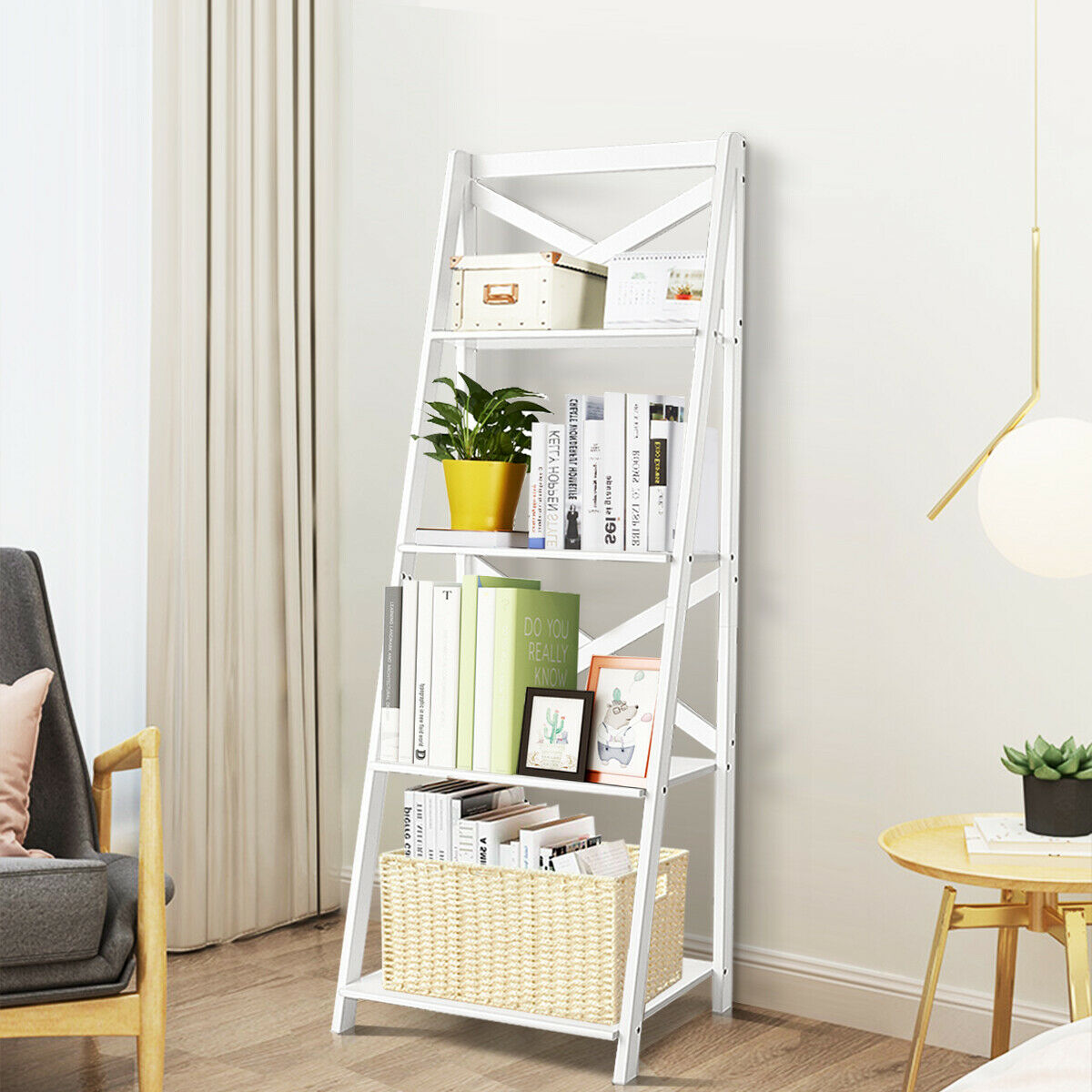 4 Tier Wooden Ladder Shelving Unit-Black