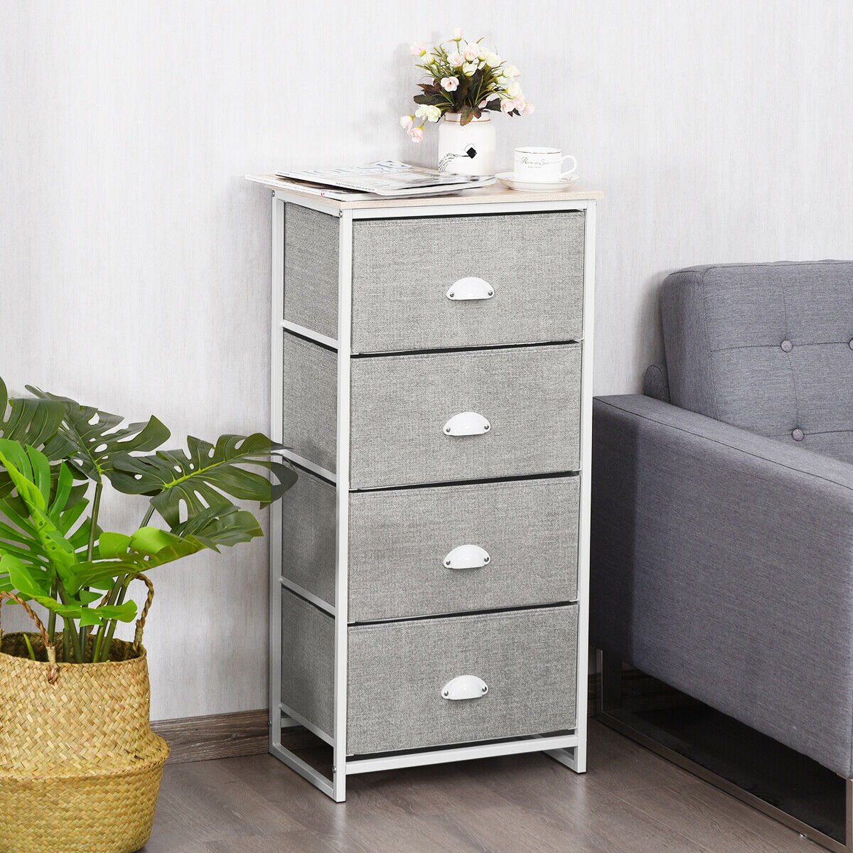 3/4 Fabric Nightstand Bedside Storage Cabinet Folding Drawers-4-Tier-Black