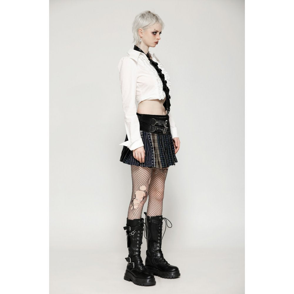 Dark in Love Sage Tartan Patchwork Leather-Waist Pleated Mini Skirt - Size UK 16 Left Only!