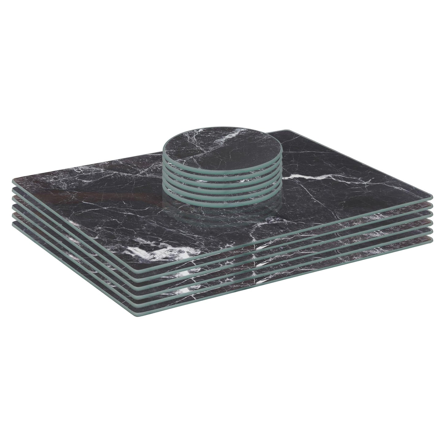 12pc Rectangle Glass Placemats & Round Coasters Set - 30cm x 20cm - Marble