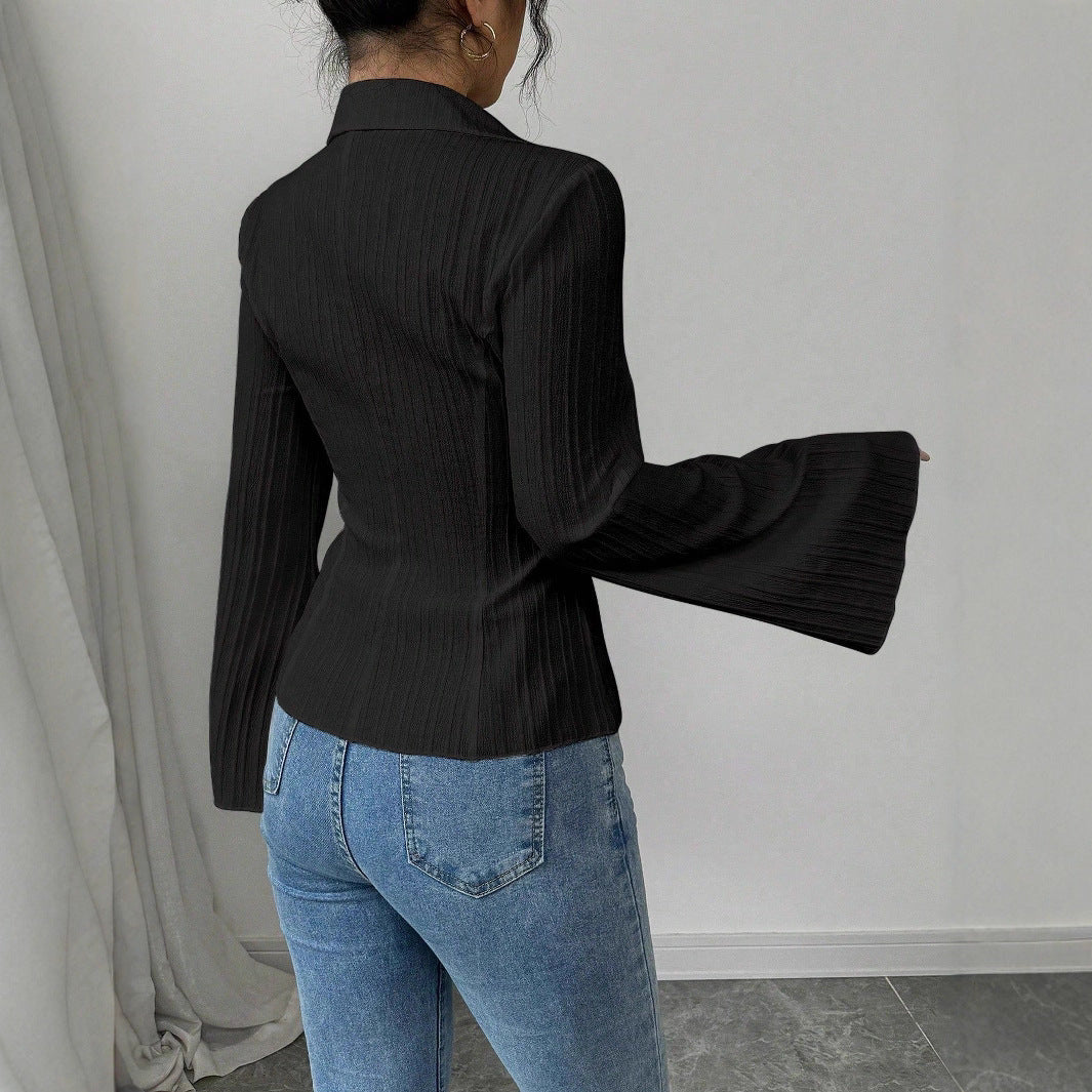Elegant V-neck Single-breasted Solid-color Striped Blouse For Women