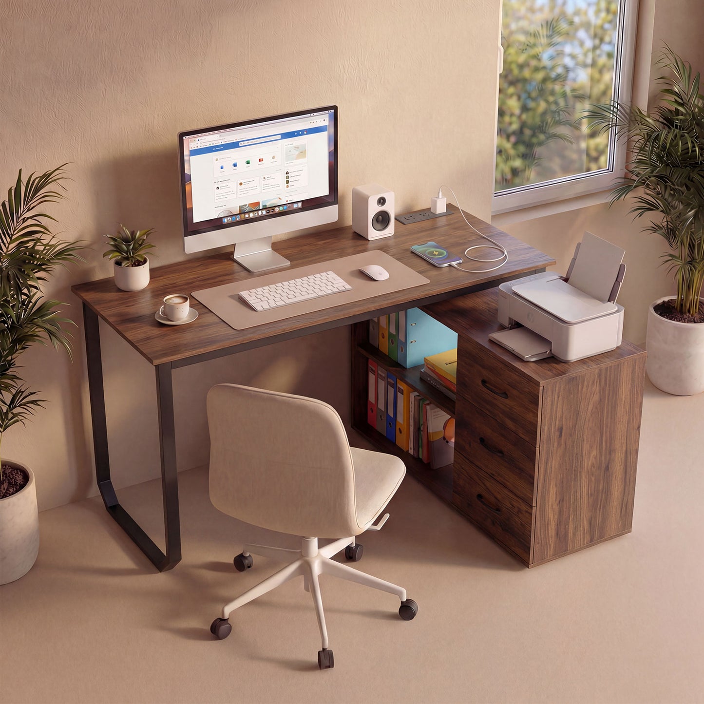 140 cm Reversible L Shaped Desk with 3 Drawers Home Office Desk-Brown
