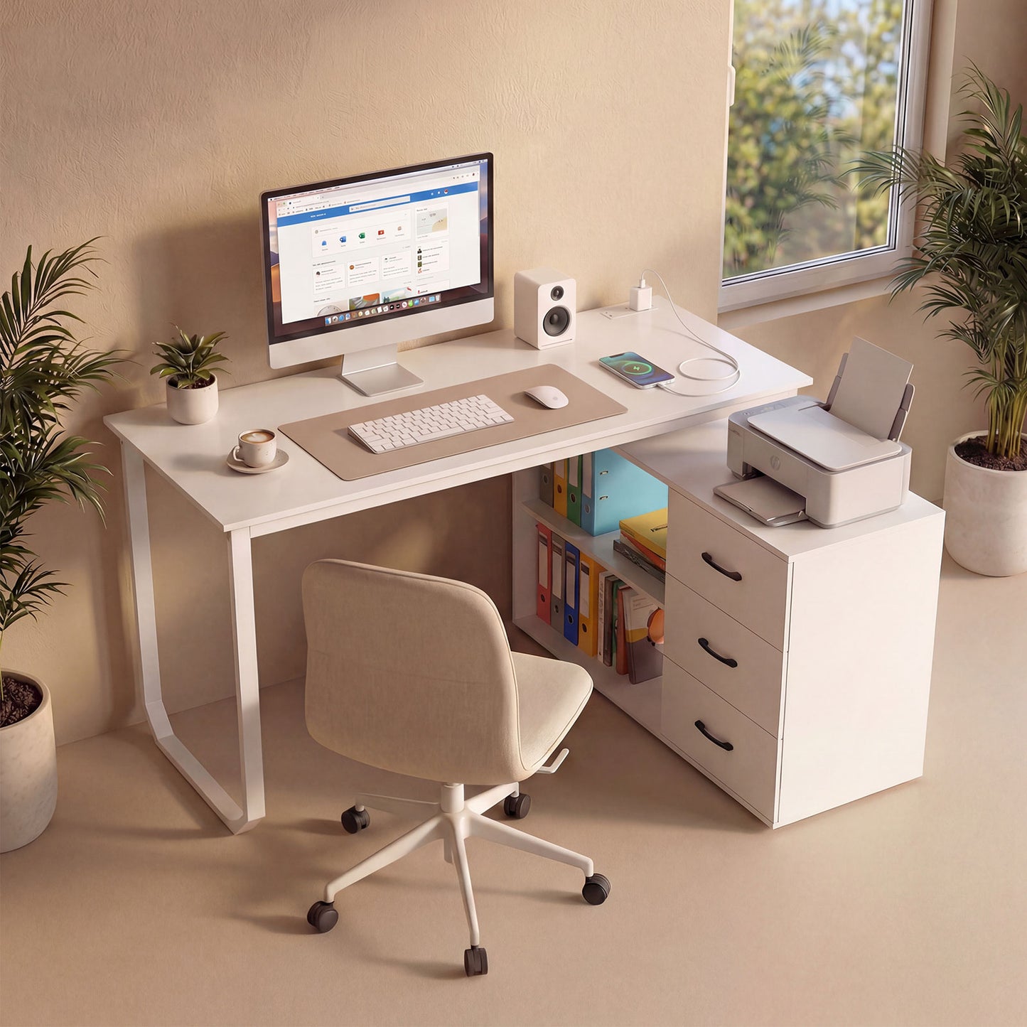 140 cm Reversible L Shaped Desk with 3 Drawers Home Office Desk-Brown
