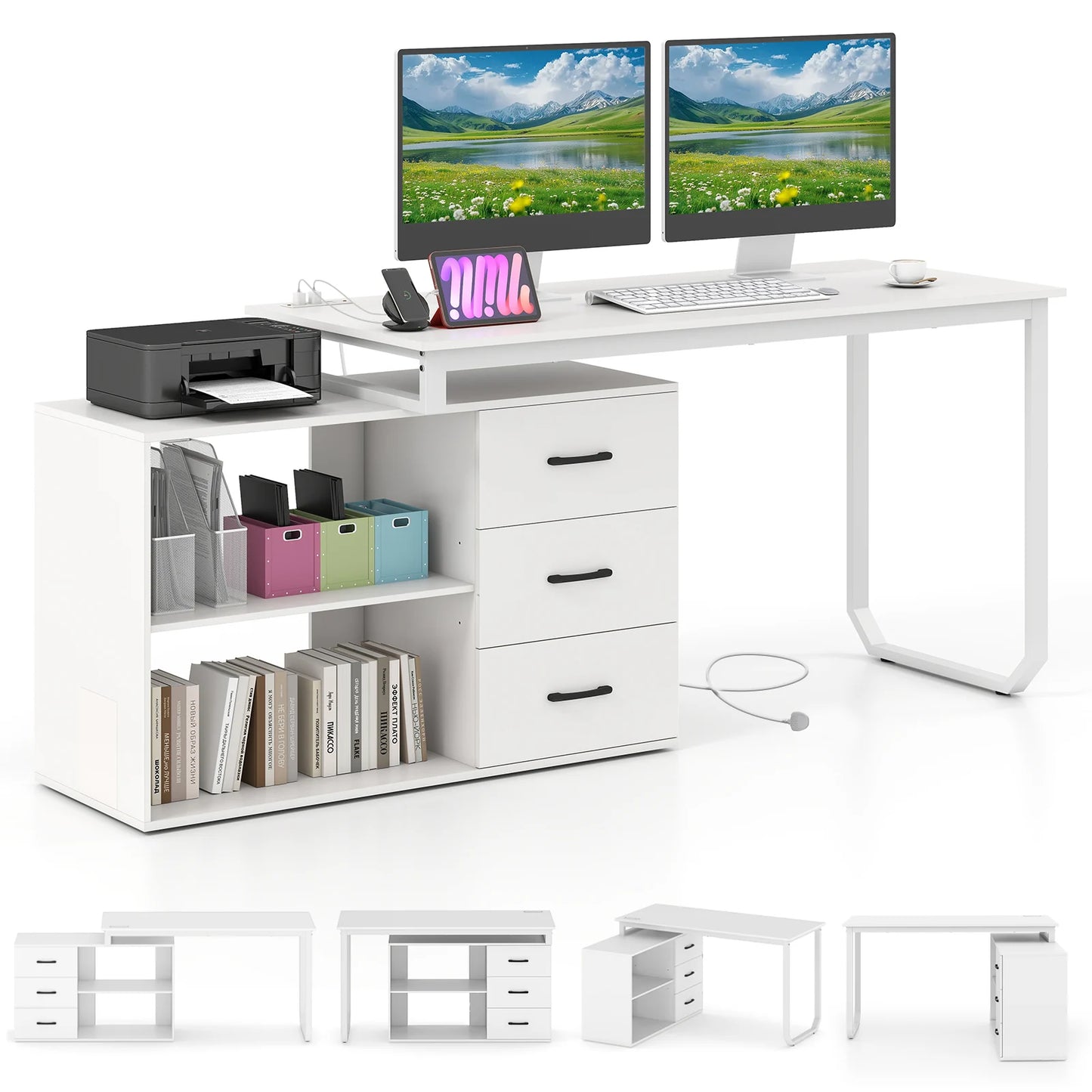 140 cm Reversible L Shaped Desk with 3 Drawers Home Office Desk-Brown