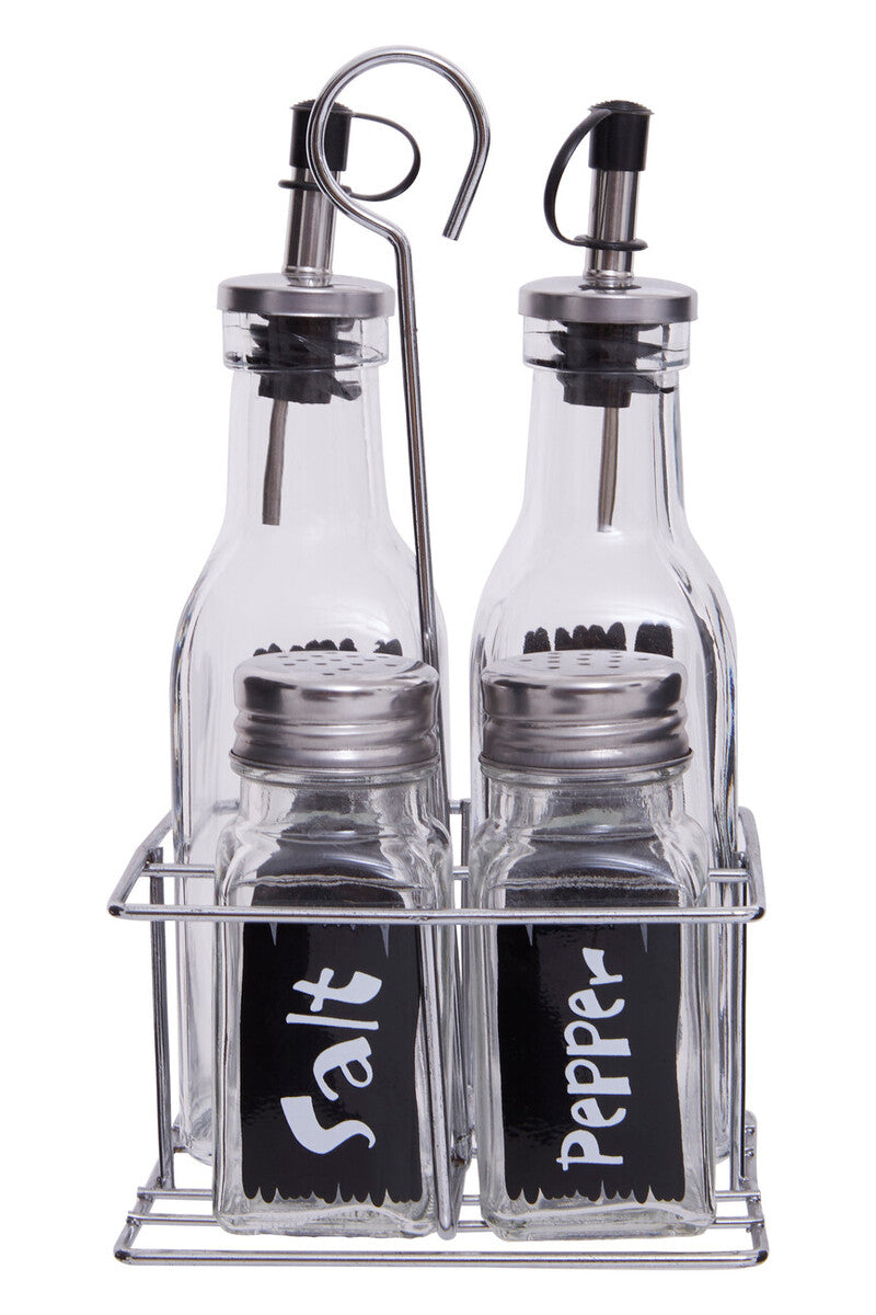 Clr Glass Oil/Vinegar/Salt & Pepper Set In Wire Stand