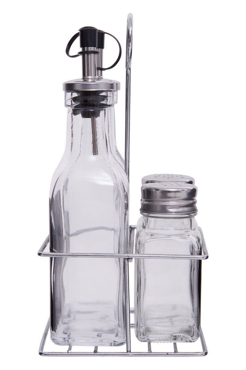 Clr Glass Oil/Vinegar/Salt & Pepper Set In Wire Stand