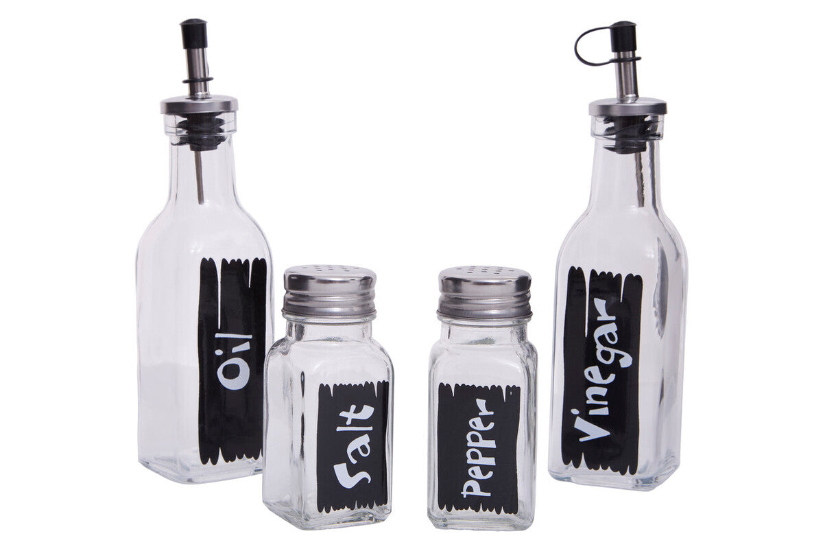 Clr Glass Oil/Vinegar/Salt & Pepper Set In Wire Stand