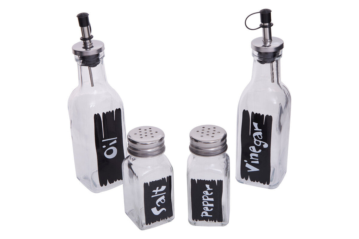Clr Glass Oil/Vinegar/Salt & Pepper Set In Wire Stand