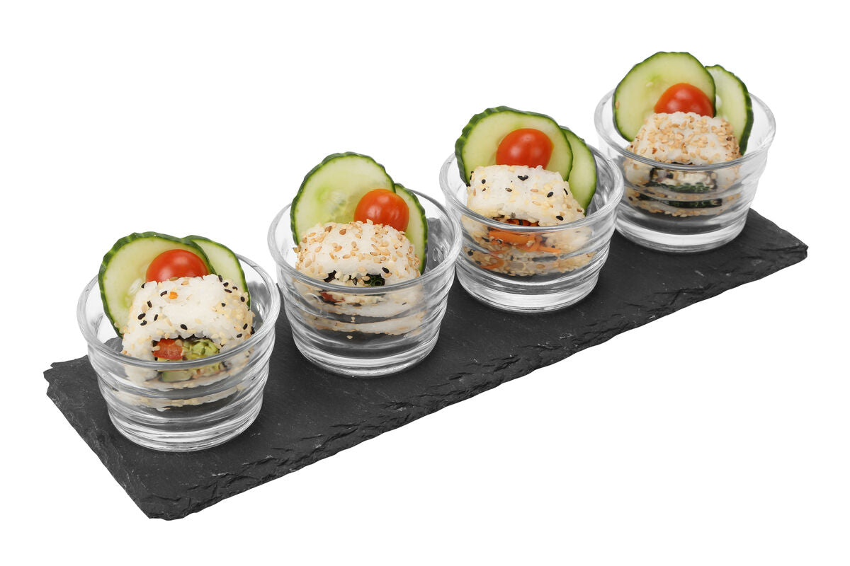 4 Ribbed Glass Bowls Slate Tray Set