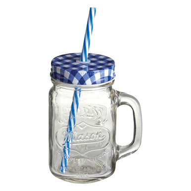Bocal Embossed Mason with Blue Gingham Lid | Square Jar Mug