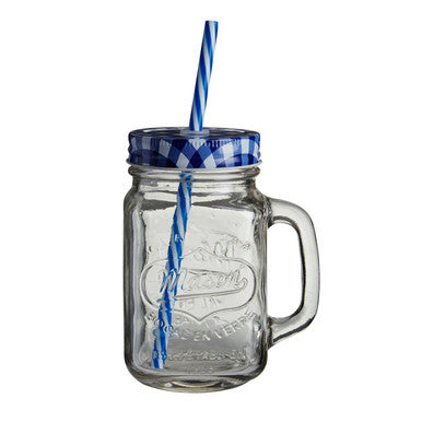 Bocal Embossed Mason with Blue Gingham Lid | Square Jar Mug