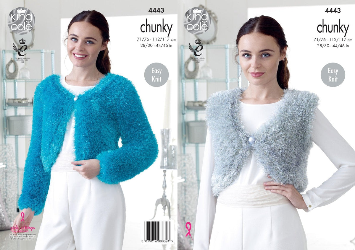 King Cole 4443 Knitting Pattern Ladies V and Round Neck Boleros to Knit in Tinsel Chunky