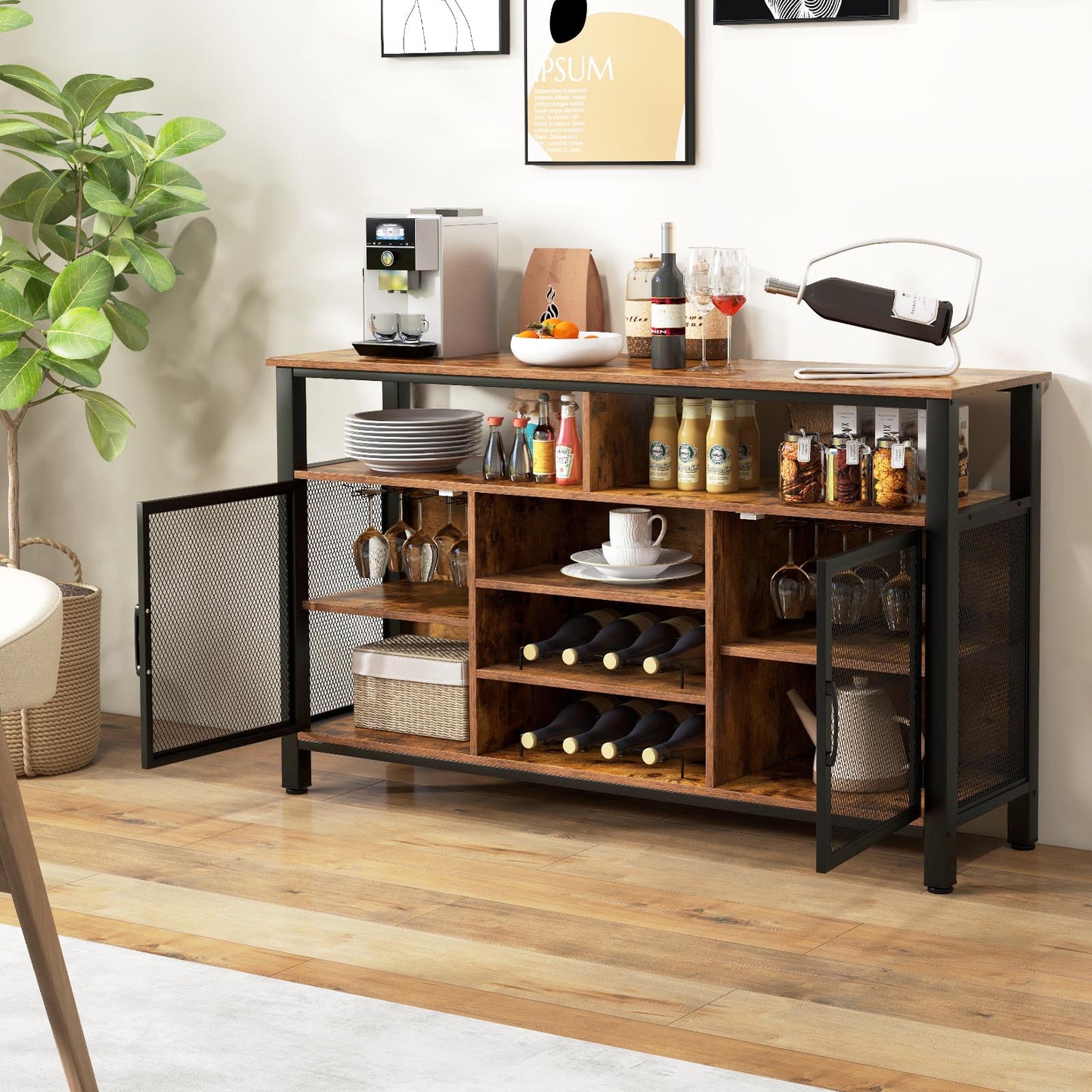 140cm Buffet Sideboard with 8-Bottle Wine Racks and 6 Rows of Wine Glass Holders-Grey