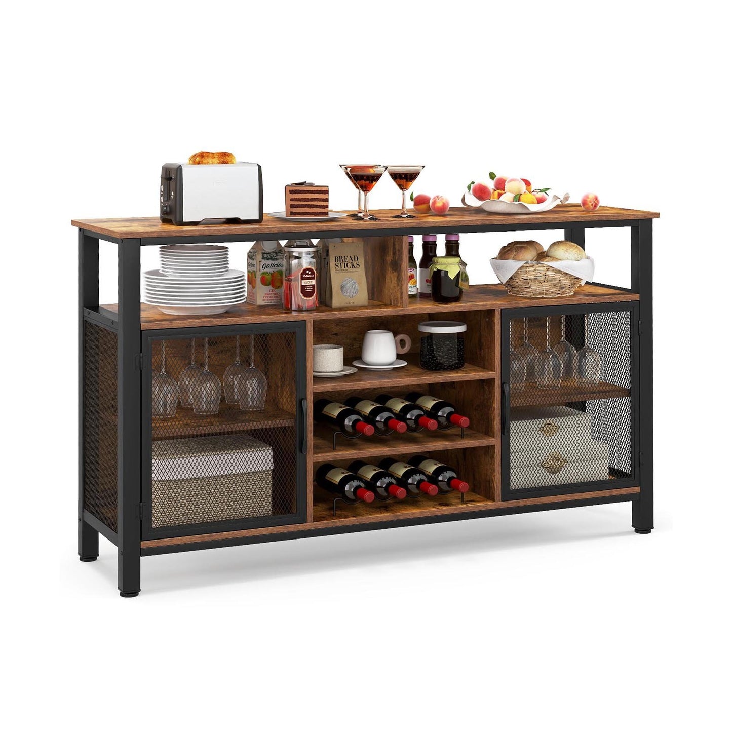140cm Buffet Sideboard with 8-Bottle Wine Racks and 6 Rows of Wine Glass Holders-Grey