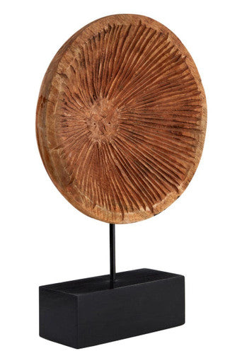 Fidel Large Carved Mango Wood Disc on Stand Sculpture