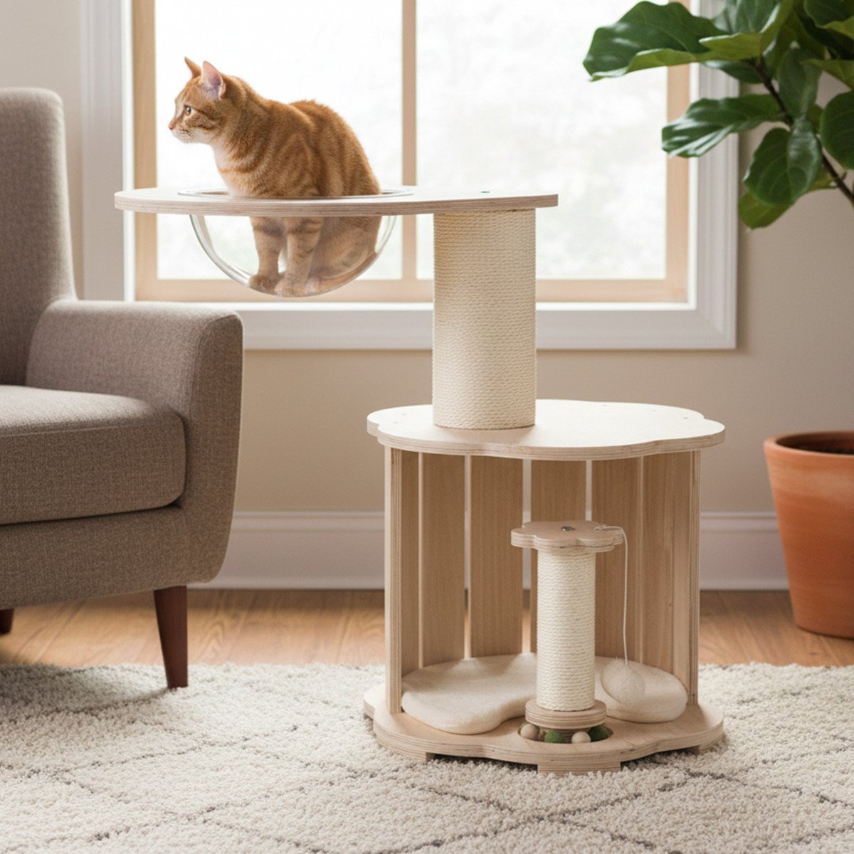 Wooden Cat Tree 3-Level Cute Kitten Tower with Condo Space Capsule Scratching Posts