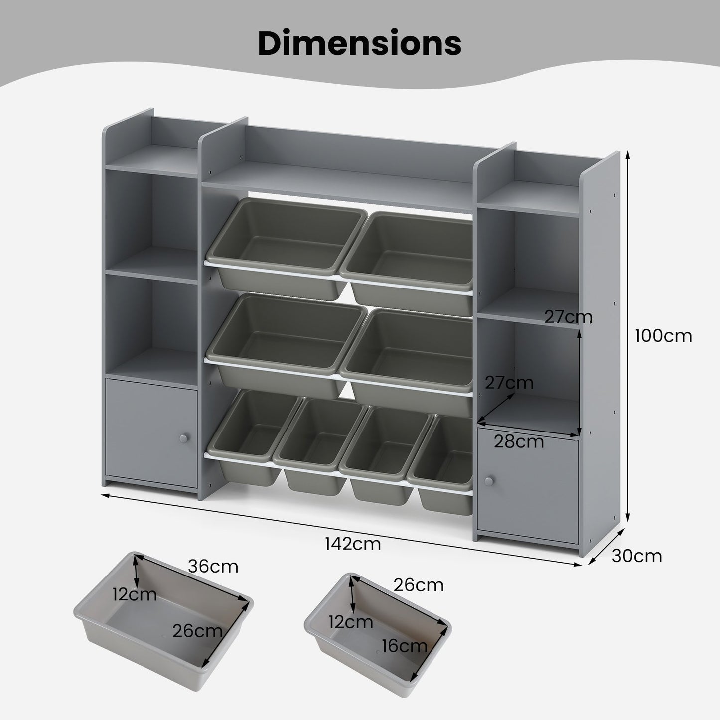 142 cm Large Toy Storage Organizer with 8 Removable Bins and Bookshelf-Grey