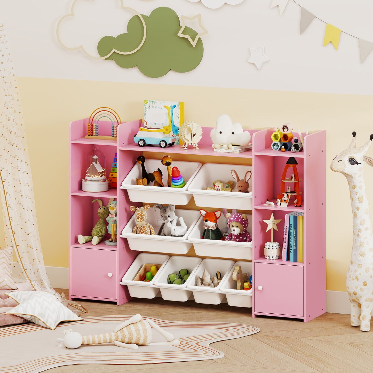 142 cm Large Toy Storage Organizer with 8 Removable Bins and Bookshelf-Grey