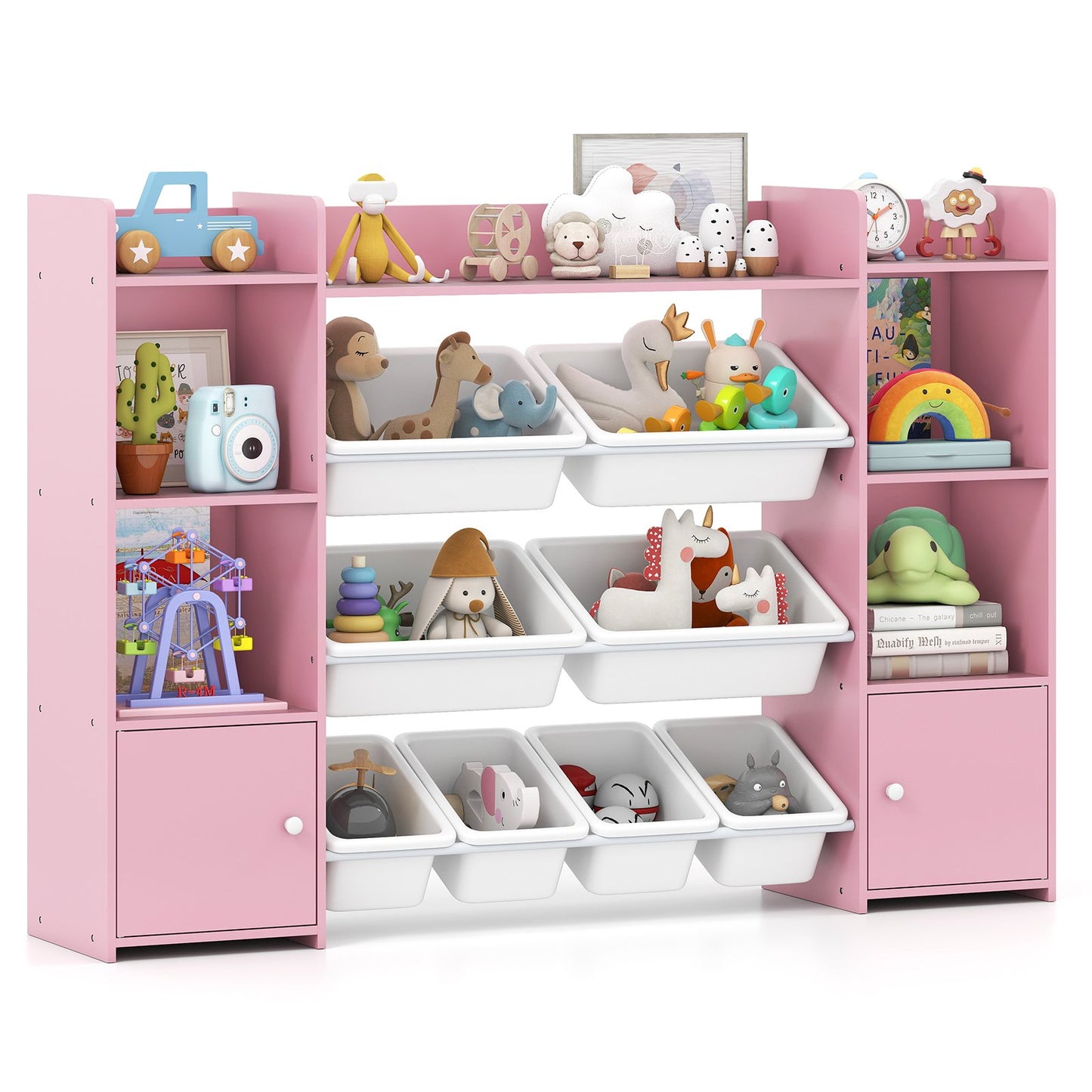 142 cm Large Toy Storage Organizer with 8 Removable Bins and Bookshelf-Grey