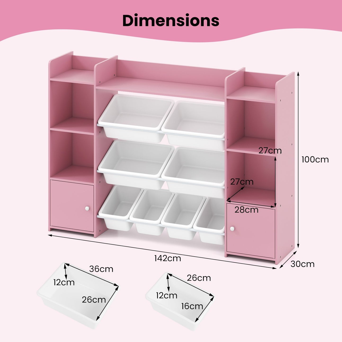 142 cm Large Toy Storage Organizer with 8 Removable Bins and Bookshelf-Grey