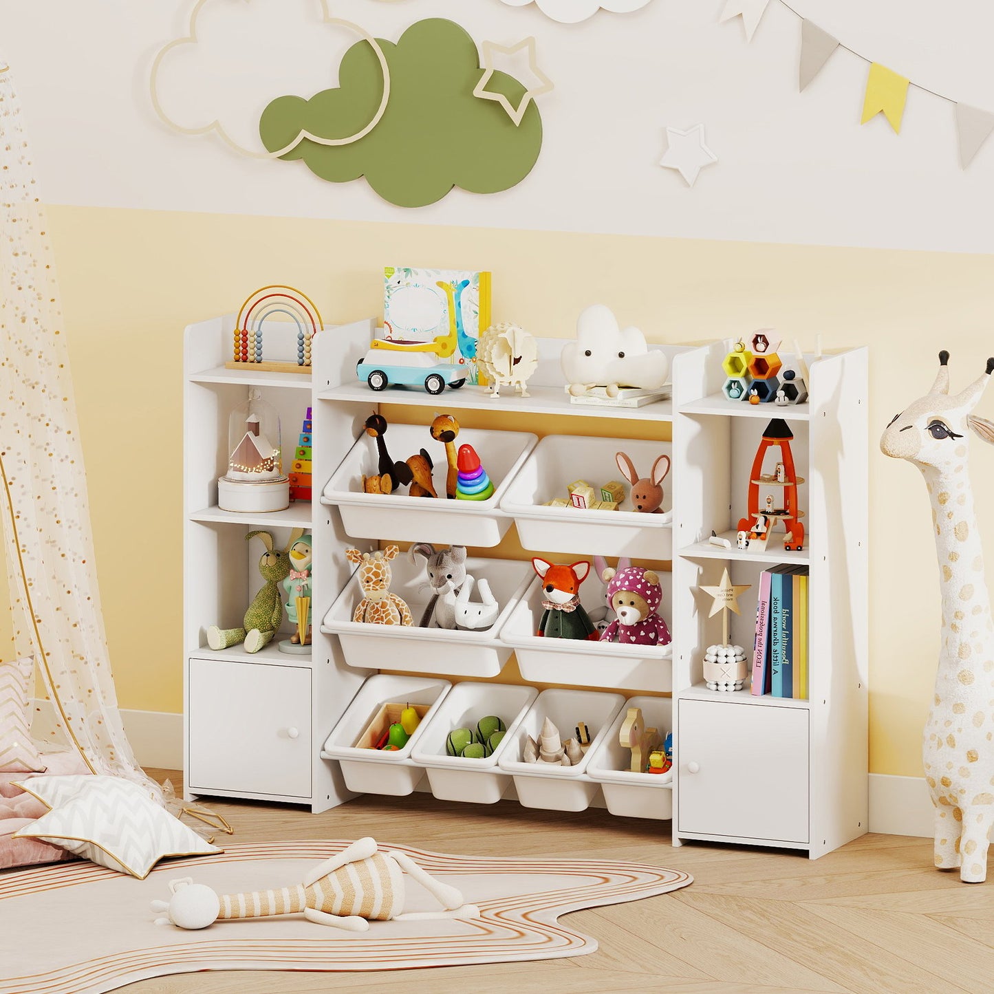 142 cm Large Toy Storage Organizer with 8 Removable Bins and Bookshelf-Grey