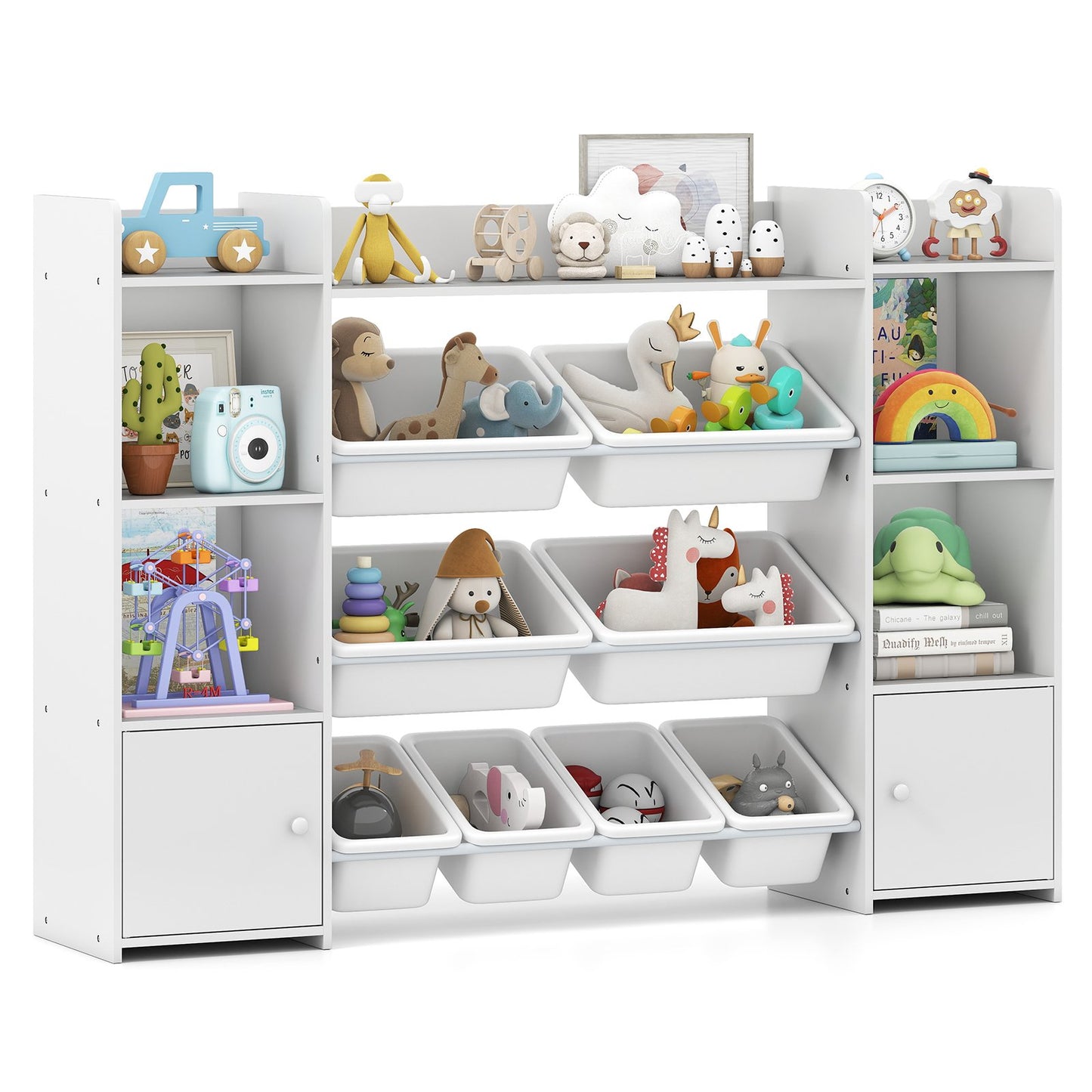 142 cm Large Toy Storage Organizer with 8 Removable Bins and Bookshelf-Grey