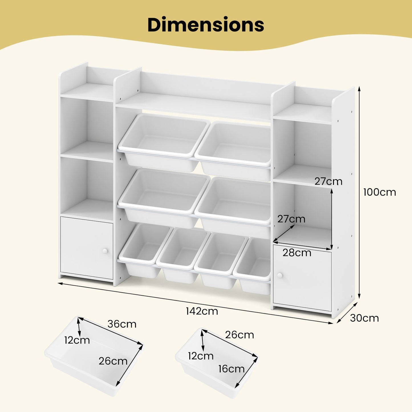 142 cm Large Toy Storage Organizer with 8 Removable Bins and Bookshelf-Grey