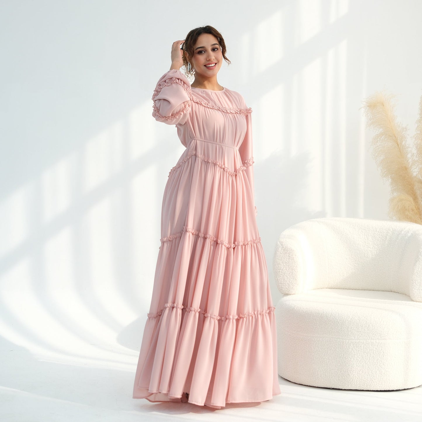Lace-Trimmed Tiered Modest Dress - Long Sleeve A-Line Maxi