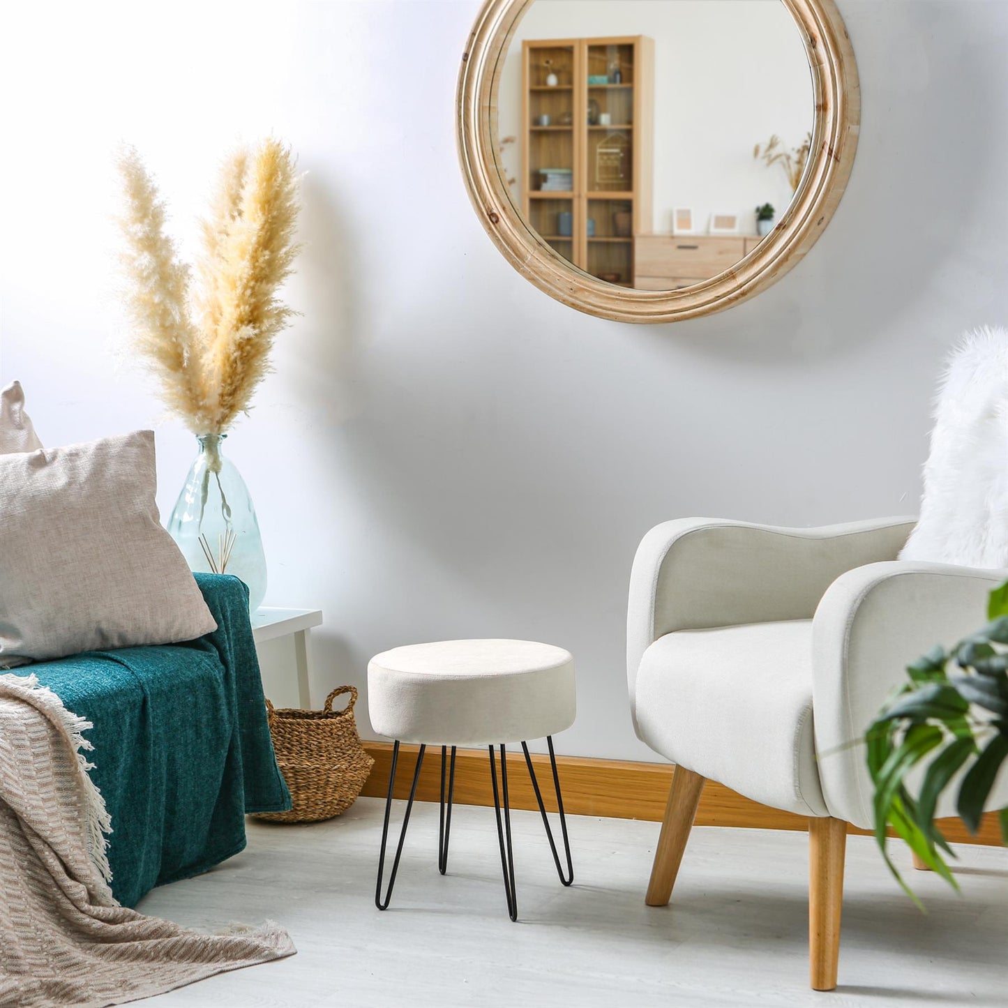 Cream Round Velvet Footstool