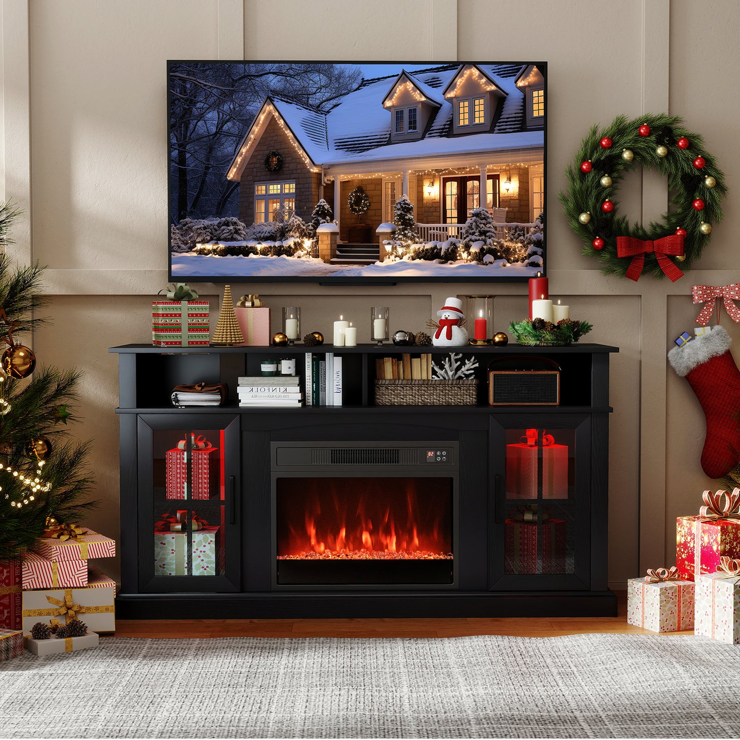 148cm Fireplace TV Stand with LED Lights Entertainment Center for 65 Inch TV-Brown