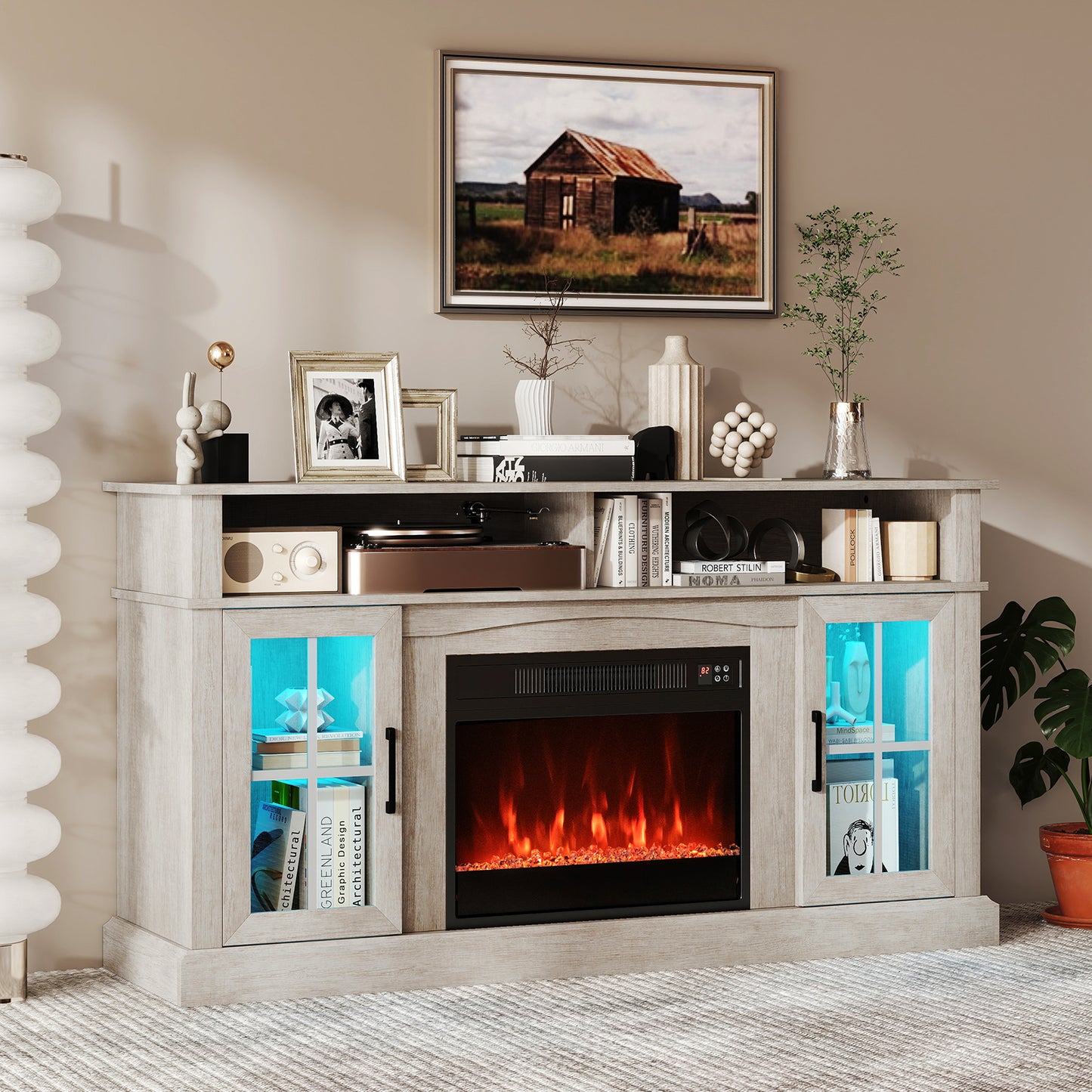 148cm Fireplace TV Stand with LED Lights Entertainment Center for 65 Inch TV-Brown