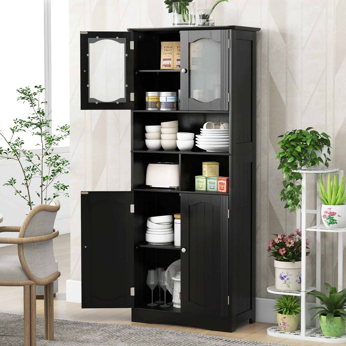 148cm Tall Bathroom Cabinet Storage Cabinet with Glass Doors-White