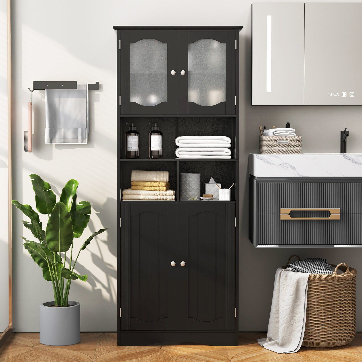 148cm Tall Bathroom Cabinet Storage Cabinet with Glass Doors-White