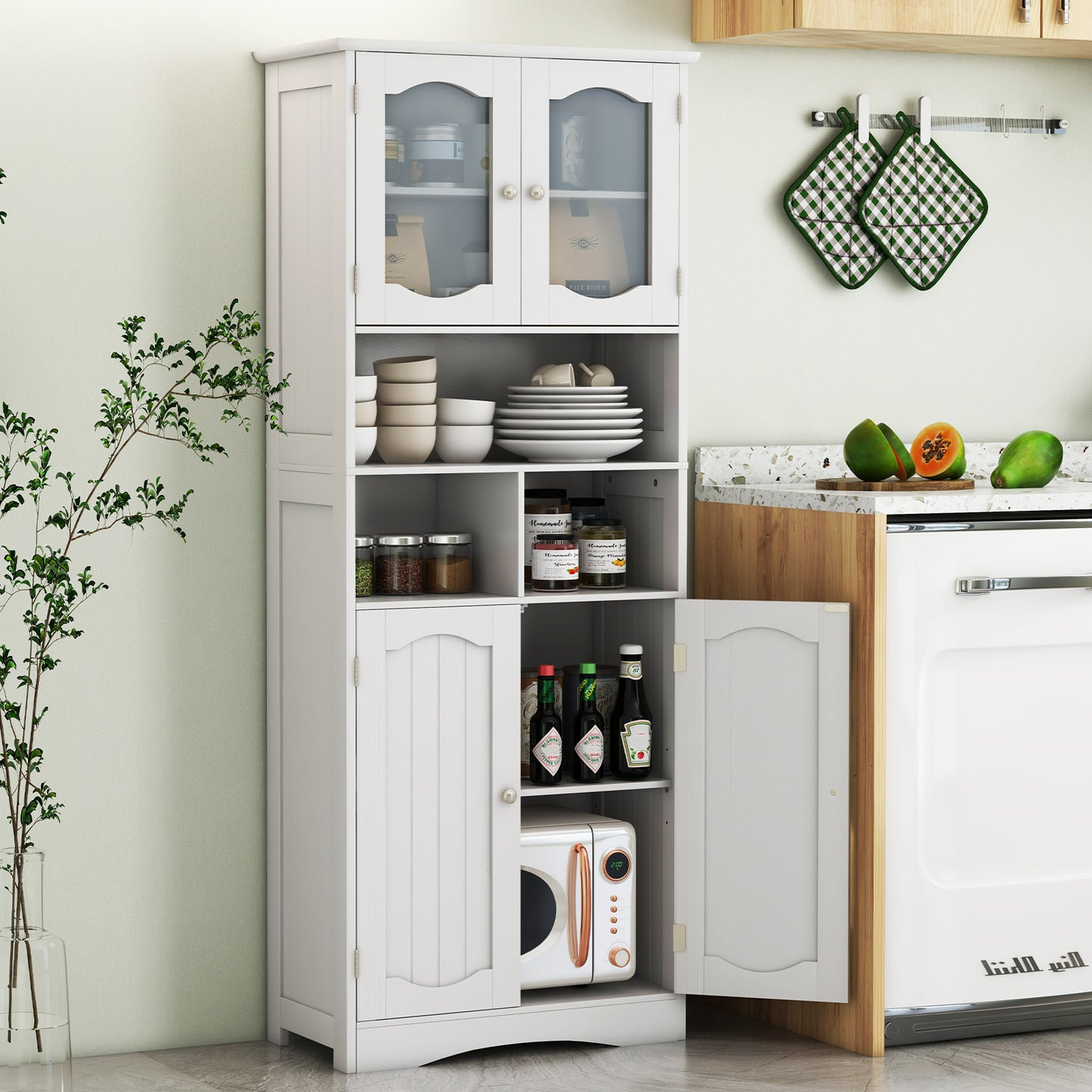 148cm Tall Bathroom Cabinet Storage Cabinet with Glass Doors-White