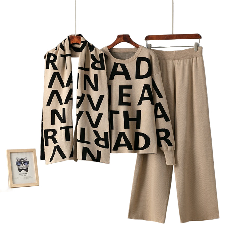 Elegant Women’s Knitted Suit – Letter Shawl, Woolen Round Neck Top & Casual Wide-Leg Pants