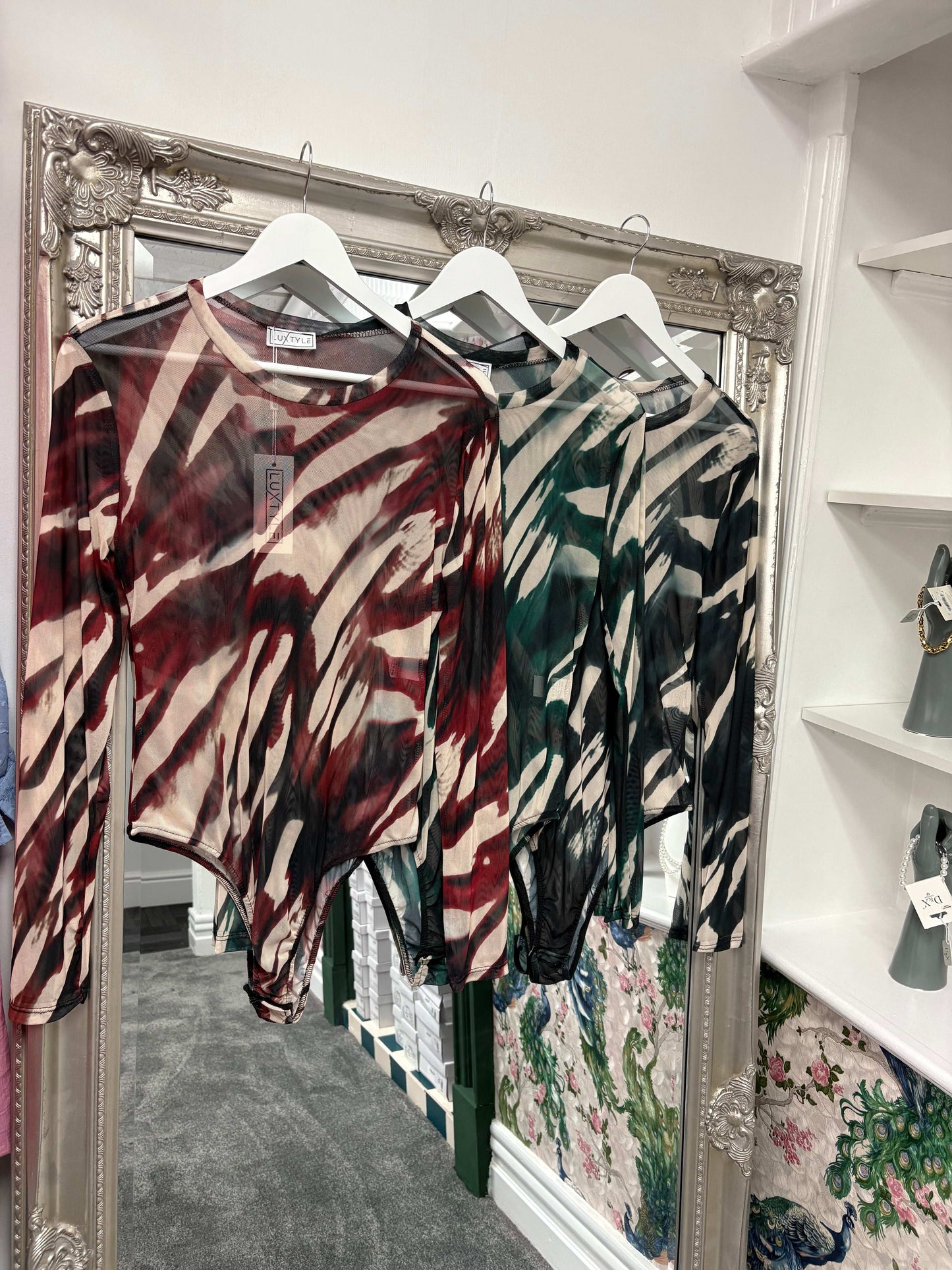 Luxtyle Mesh Print Bodysuit – Berry, Black & Forest (M/L fits UK 10/12)