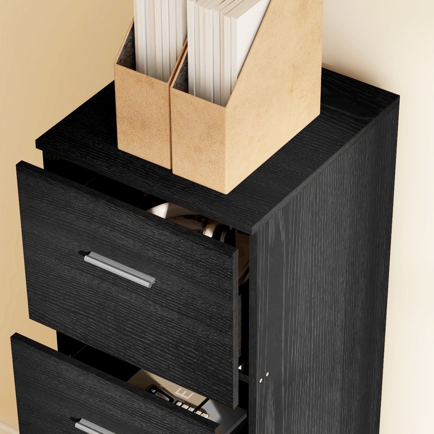 HOMCOM 4 Drawer File Cabinet Locking Filing Cabinet, Black Wood Effect