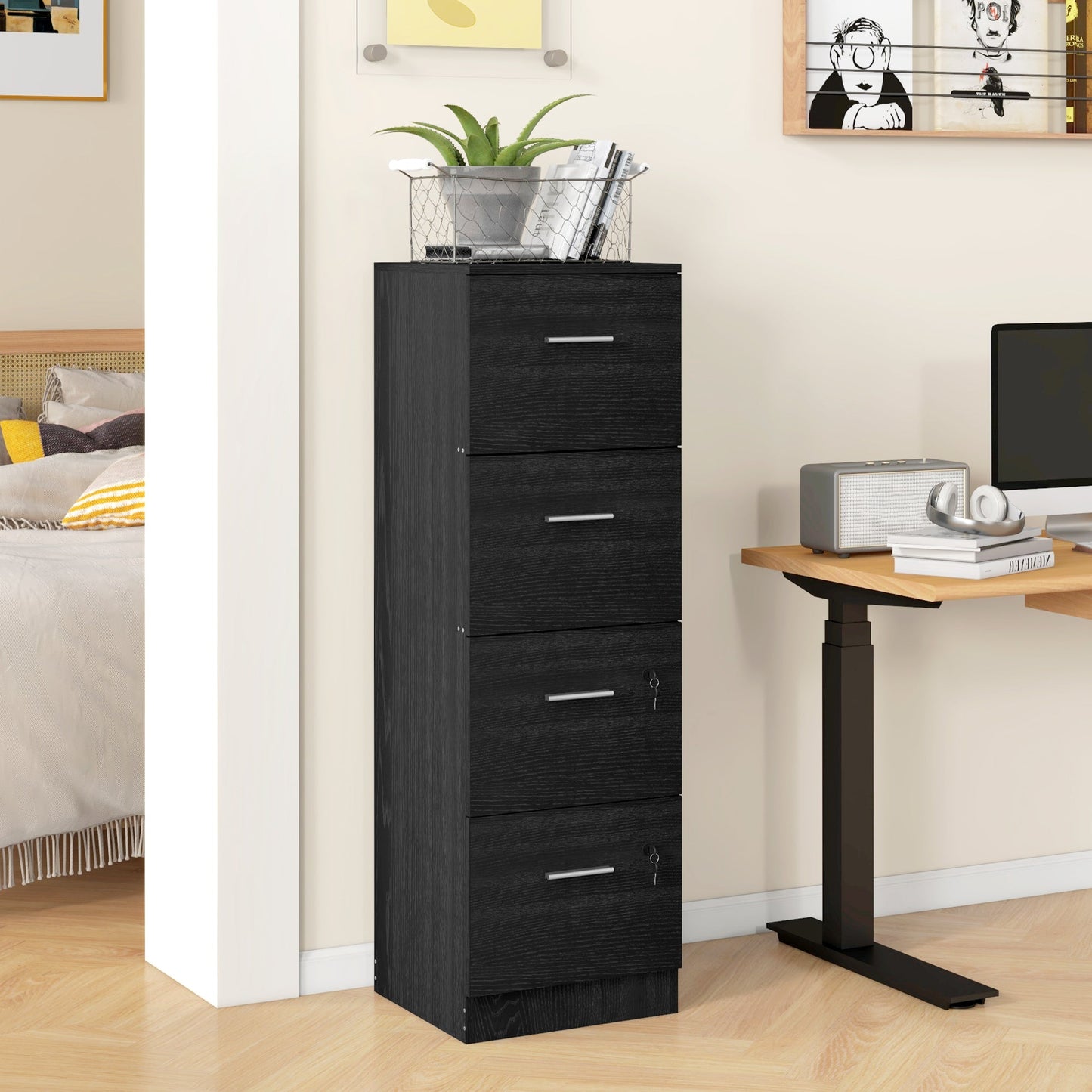 HOMCOM 4 Drawer File Cabinet Locking Filing Cabinet, Black Wood Effect