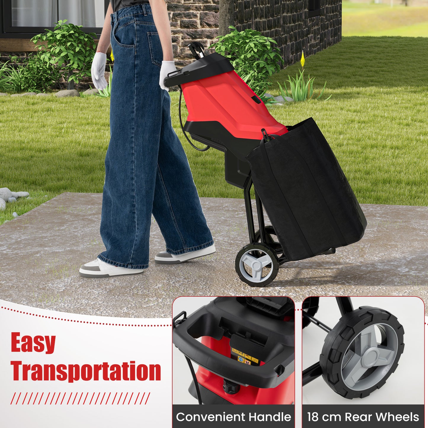 15-AMP Electric Wood Chipper and Shredder with Wheels-Red